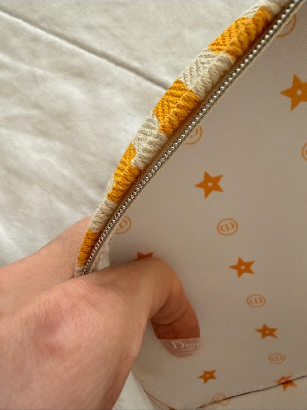 Dior Woven Straw Cosmetic Bag with Yellow and Cream Striped Trim - Picture 4 of 5